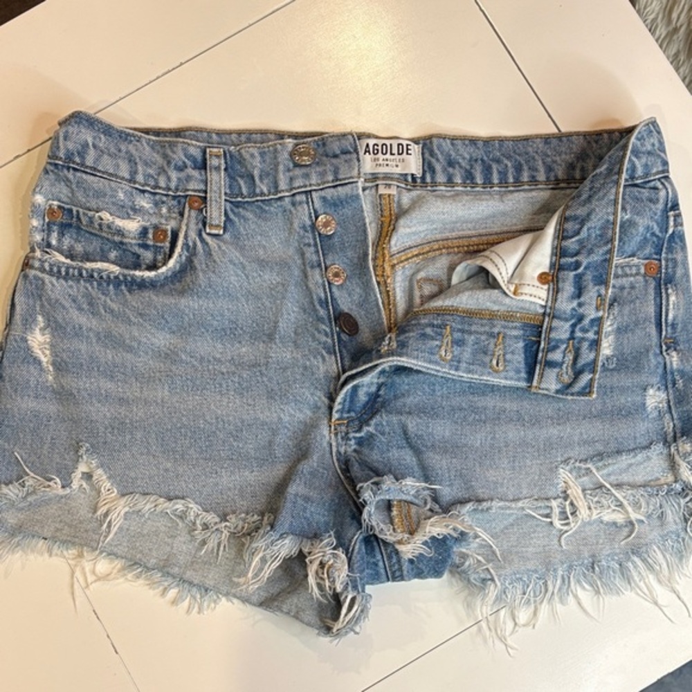 AGOLDE Women's Blue Denim from 100% Cotton Distressed Cut Off Shorts